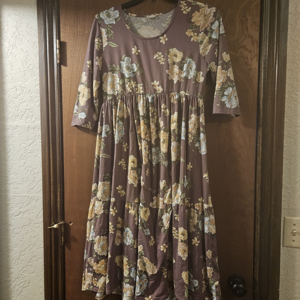 Floral Midi Dress in Mauve with Yellow Accents